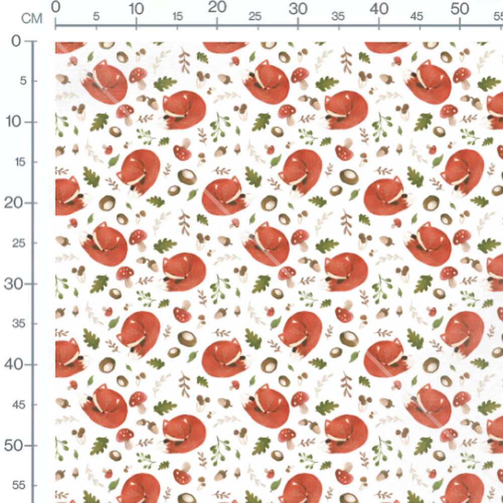 Tissu - Renards et champignons sur blanc 2