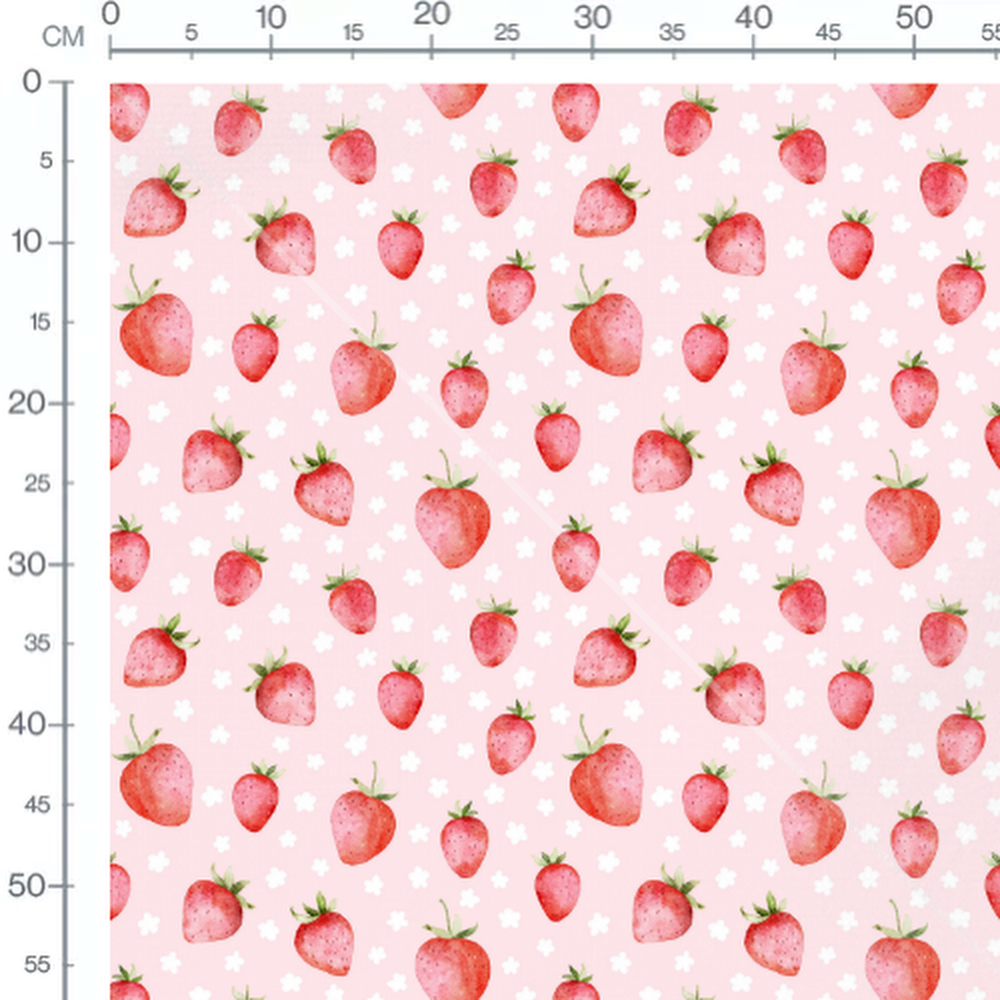 Tissu - Fraises et fleurs sur rose clair
