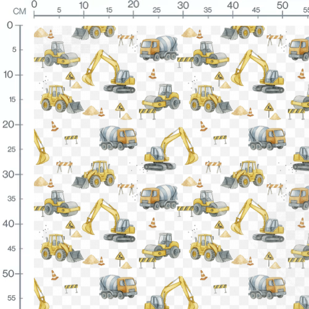 Tissu - Engins jaunes et gris illustrés