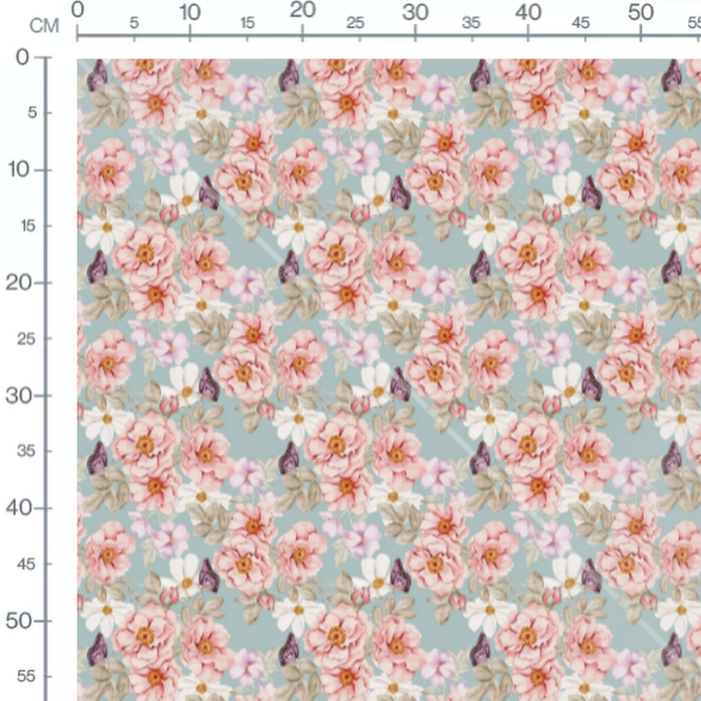 Tissu - Fleurs roses sur fond bleu 4