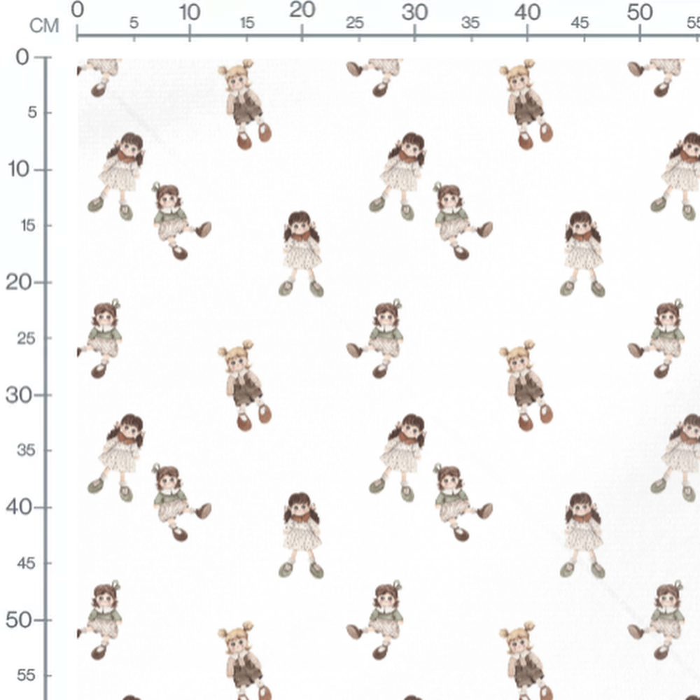 Tissu - Poupées vintage sur fond blanc