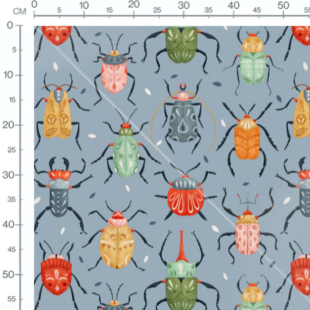 Tissu - Insectes multicolores sur bleu