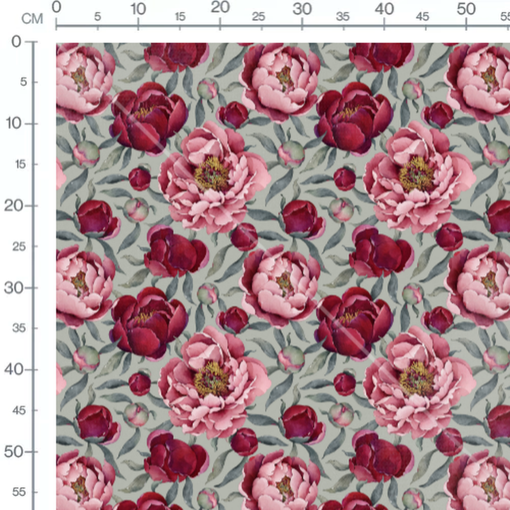 Tissu - Pivoines roses sur gris