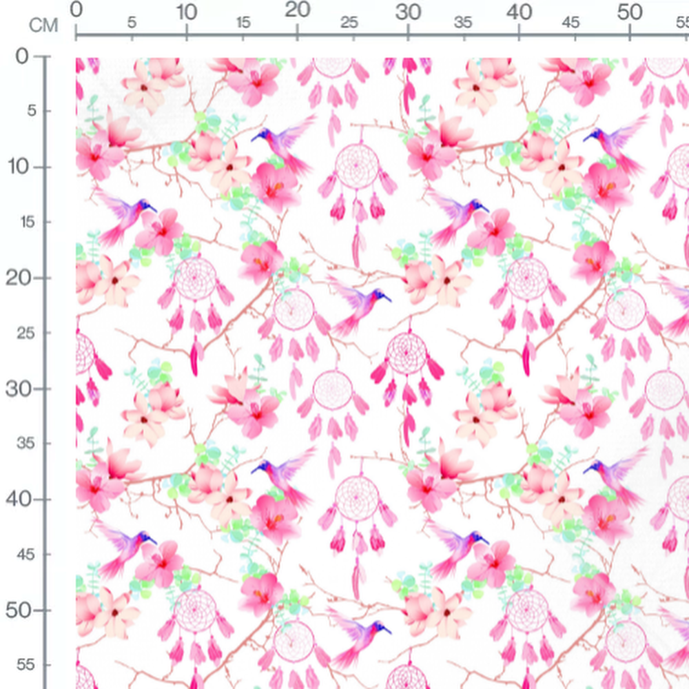 Tissu - Colibris et fleurs roses