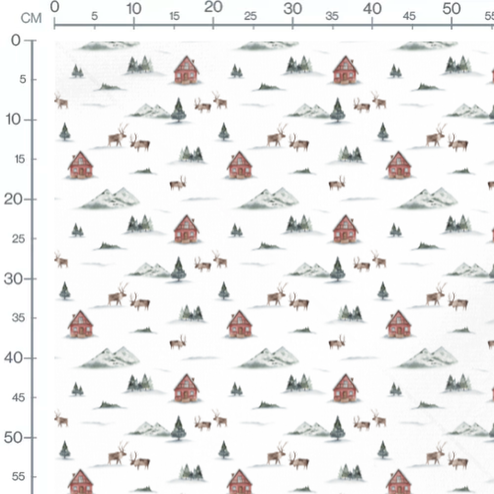 Tissu - Chalets rouges et rennes bruns