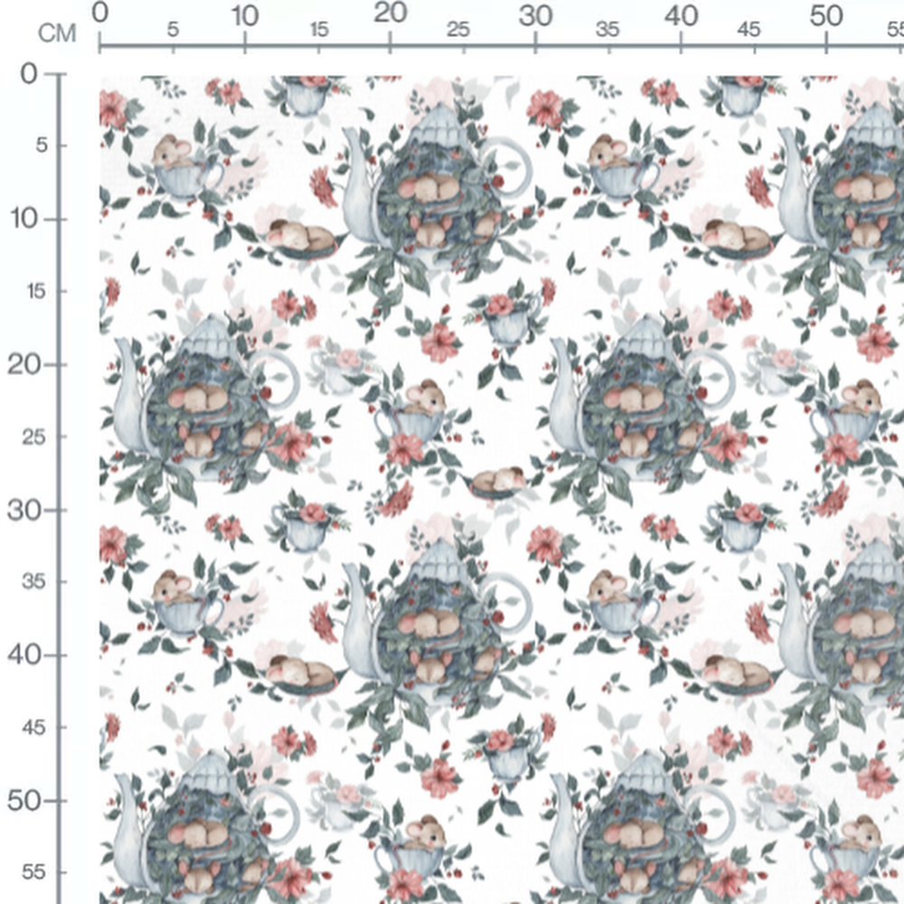 Tissu - Souris et théières fleuries