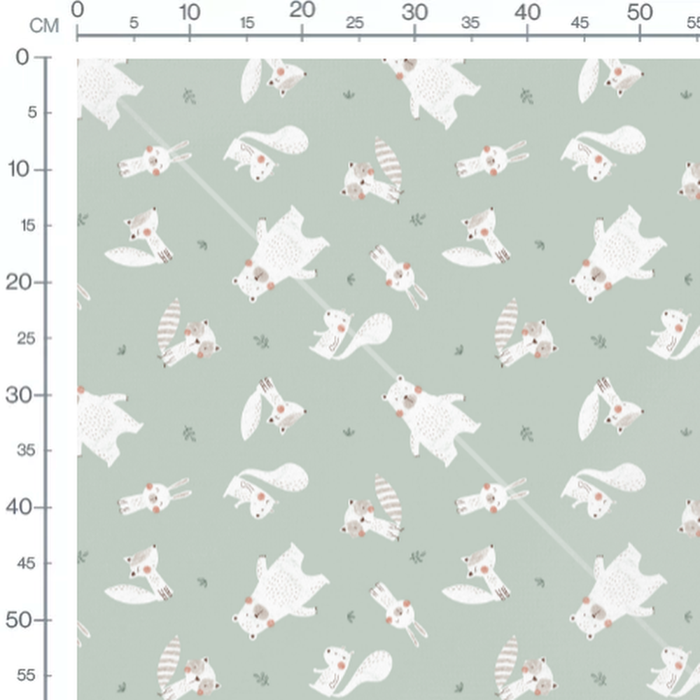 Tissu - Faune blanche sur vert clair