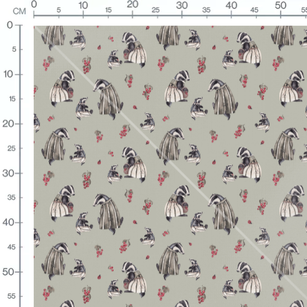 Tissu - Blaireaux et baies rouges gris