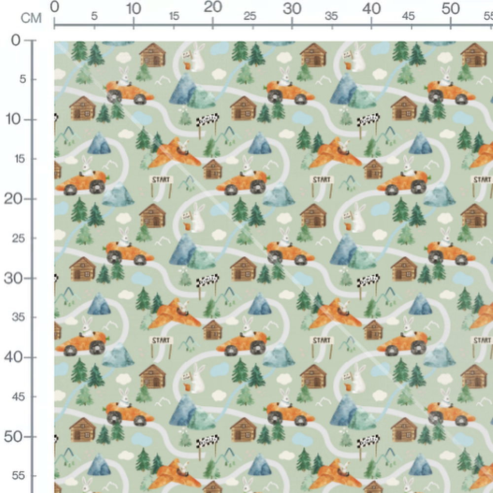 Tissu - Lapins en voitures carottes