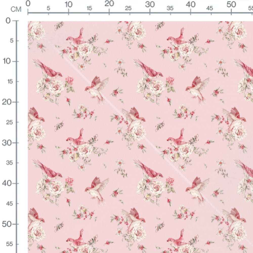 Tissu - Oiseaux roses et fleurs blanches