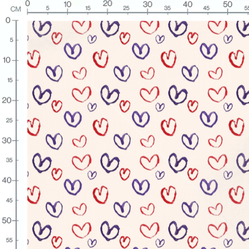 Tissu - Cœurs rouges et violets beiges