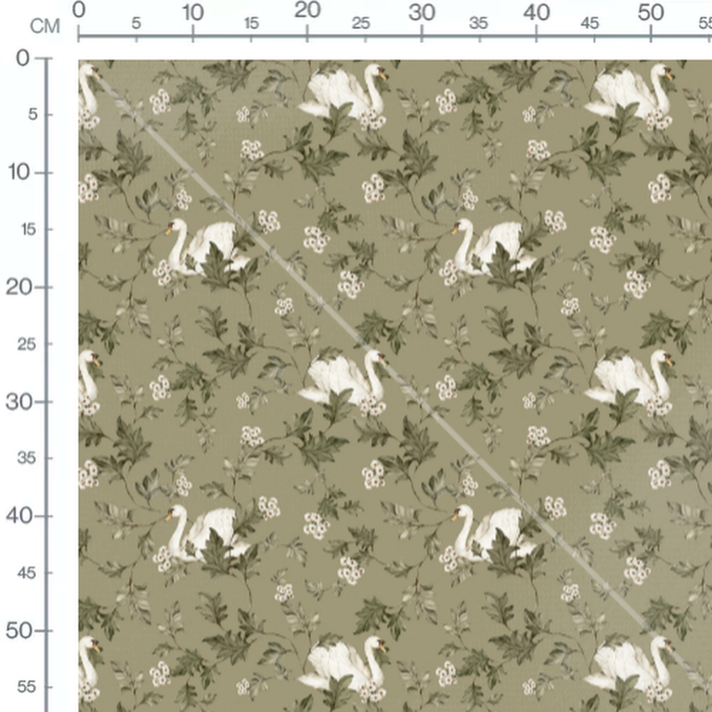 Tissu - Cygnes sur fond kaki naturel