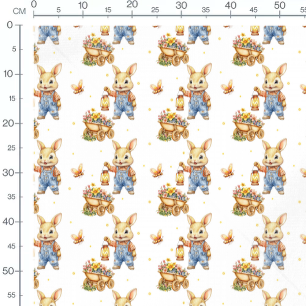 Tissu - Lapins et chariots fleuris