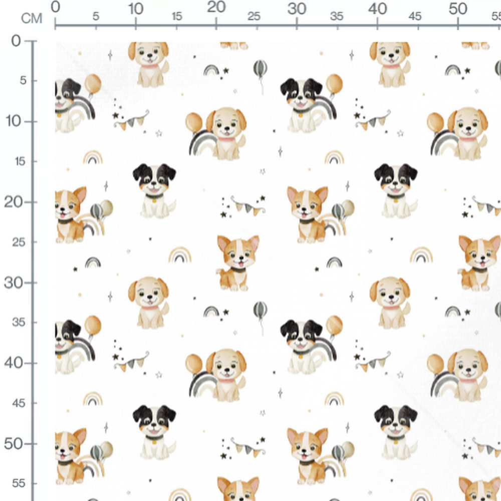 Tissu - Chiots et ballons sur blanc