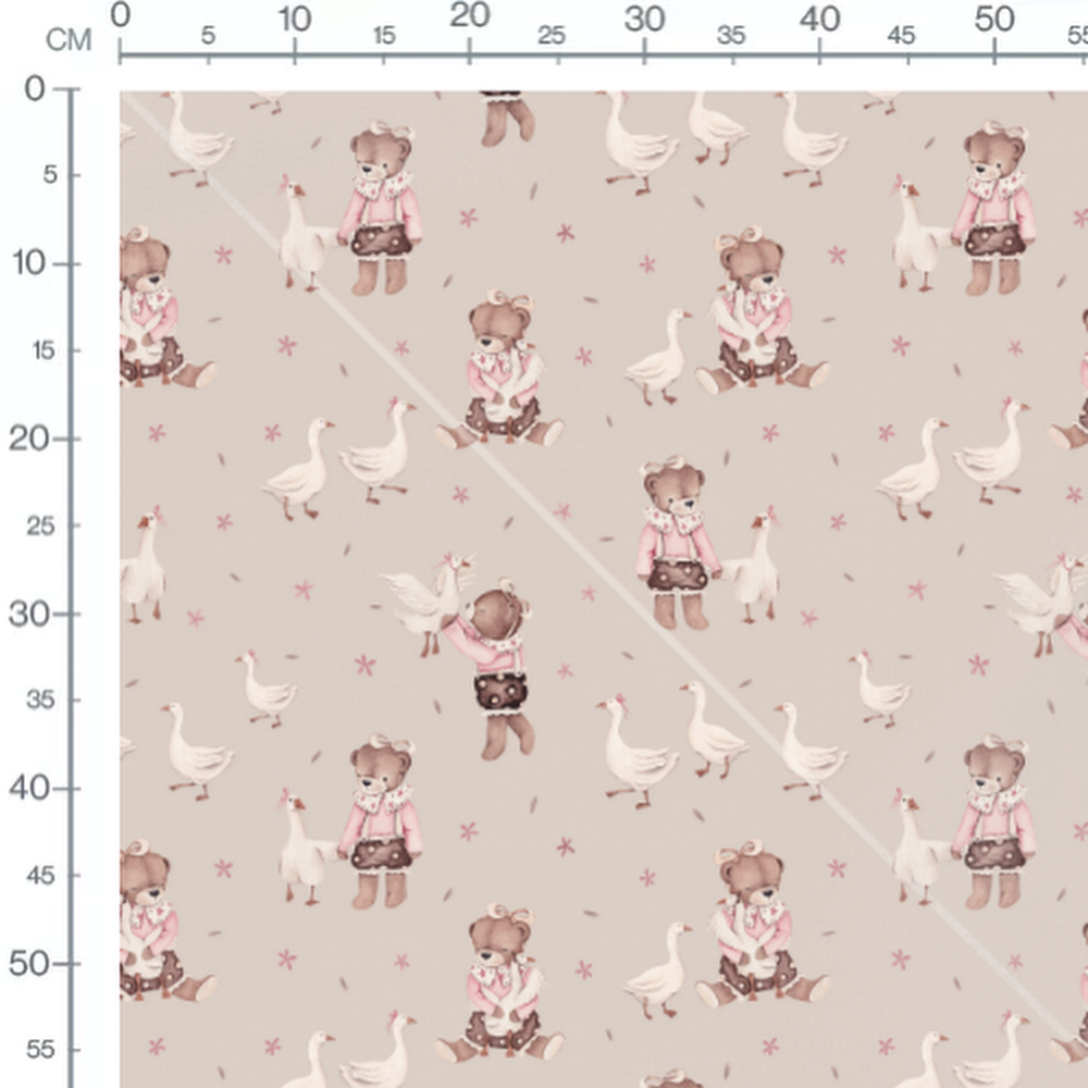 Tissu - Oursons bruns et fleurs roses 2