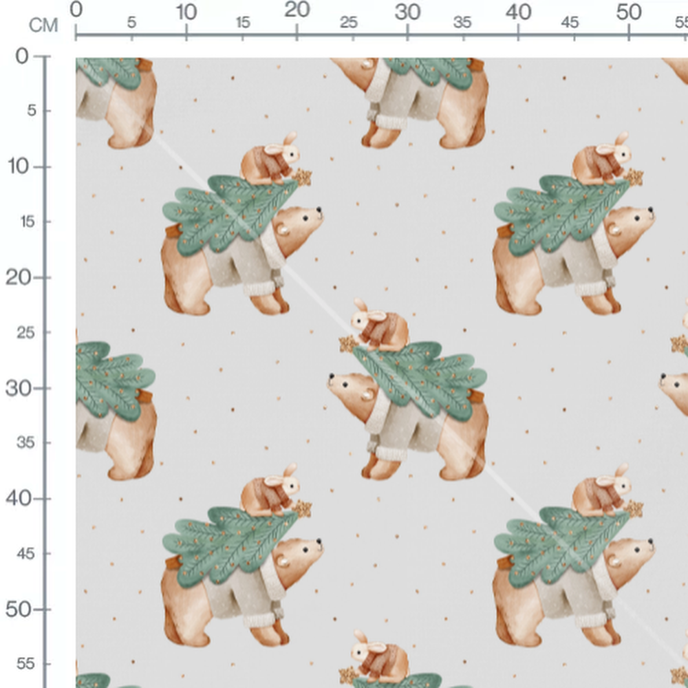Tissu - Ours avec sapin sur gris
