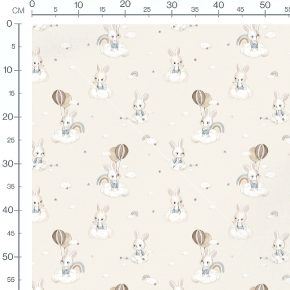 Tissu - Lapins et ballons crème