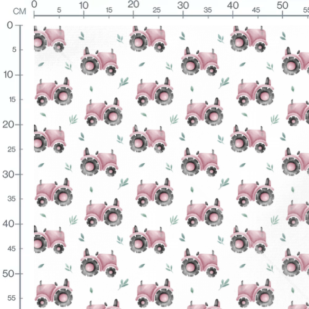 Tissu - Tracteurs roses et feuilles