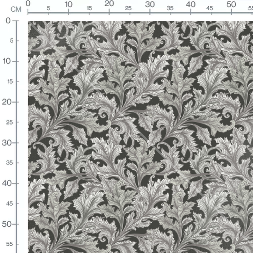 Tissu - Feuilles grises sur fond noir