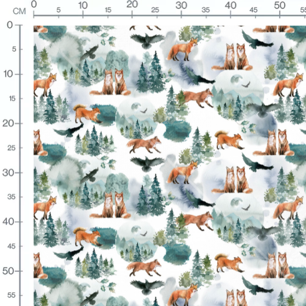 Tissu - Renards et corbeaux aquarelle