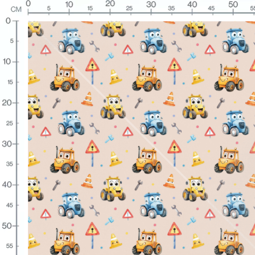Tissu - Tracteurs souriants sur beige