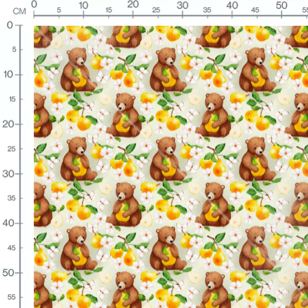 Tissu - Ours et poires sur fond vert