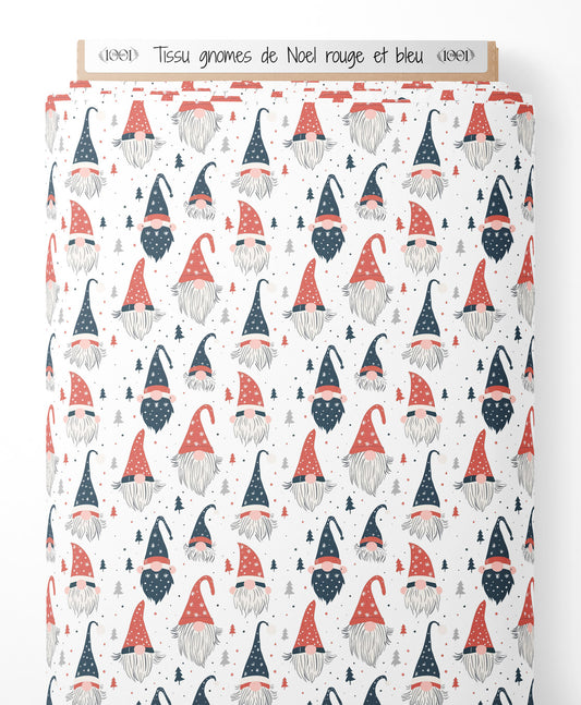 Tissu - gnomes de Noel rouge et bleu