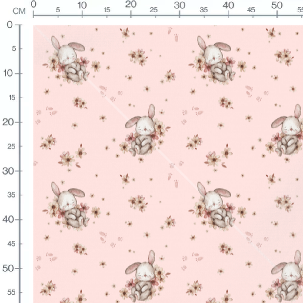 Tissu - Lapins endormis et fleurs roses