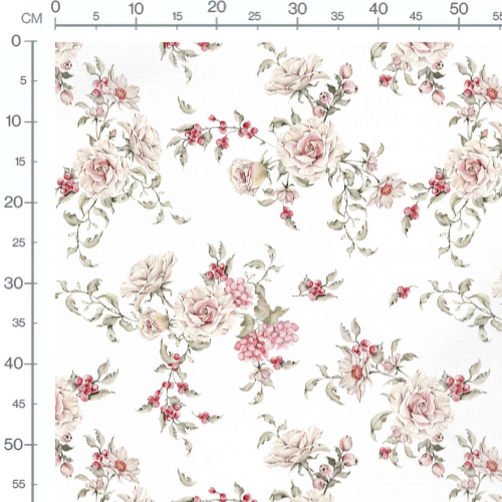 Tissu - Roses et baies sur blanc