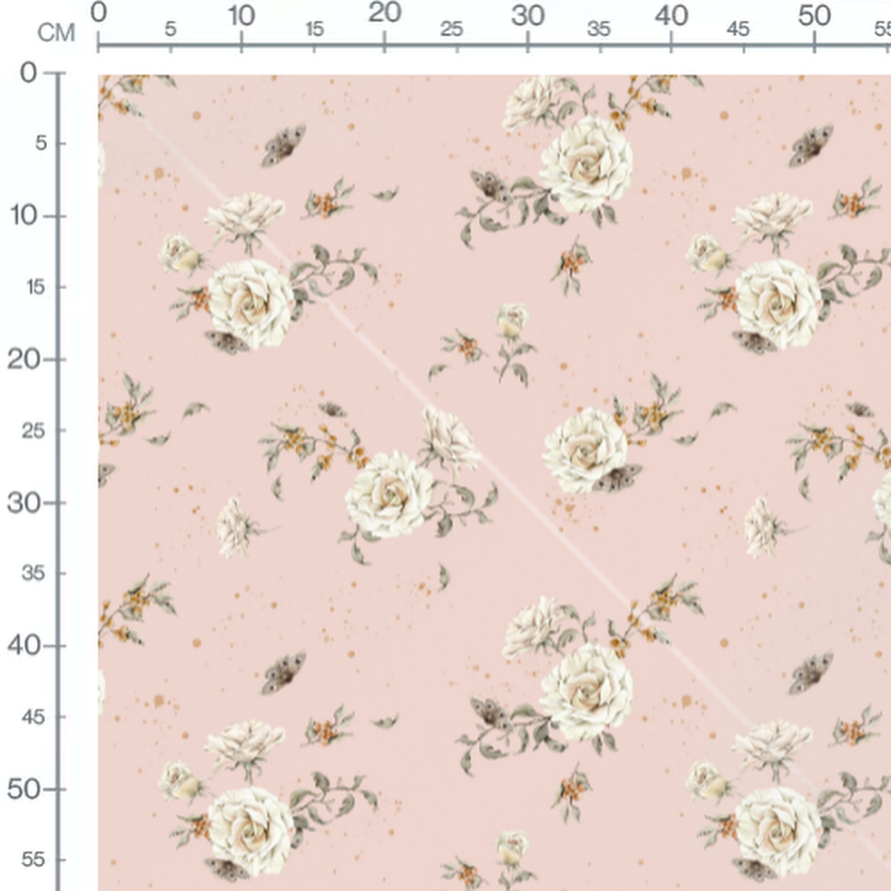 Tissu - Roses et papillons sur fond rose