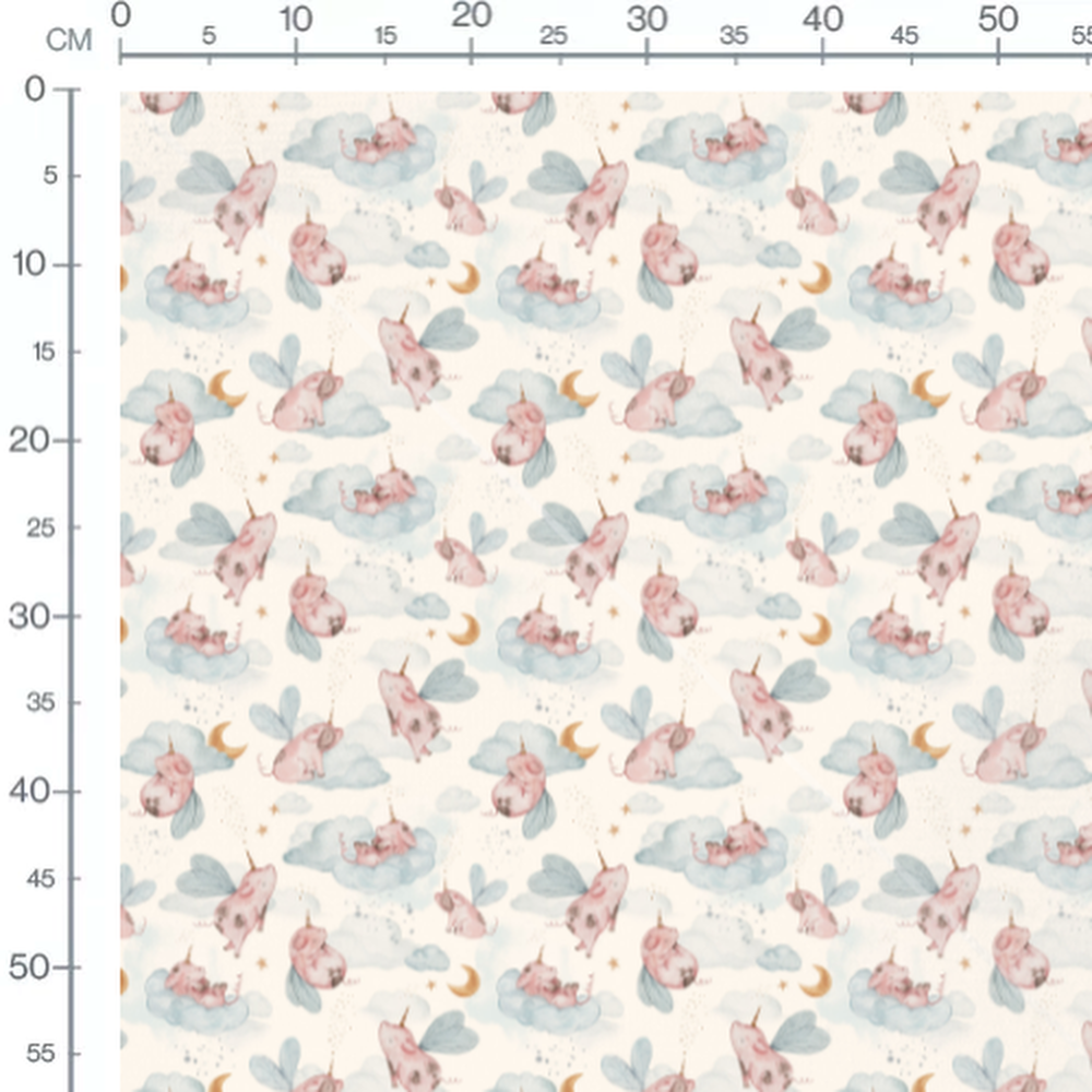 Tissu - Cochons licornes sur nuages bleus