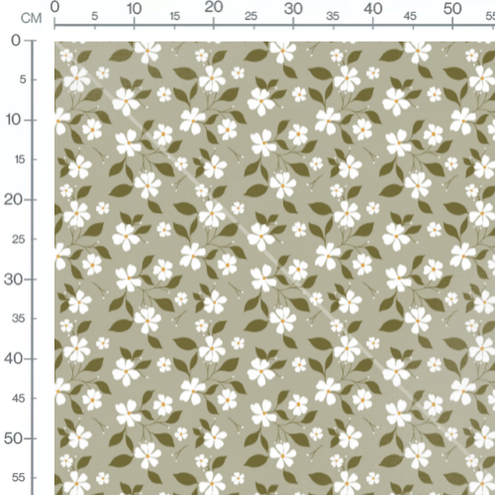 Tissu - Fleurs blanches sur kaki