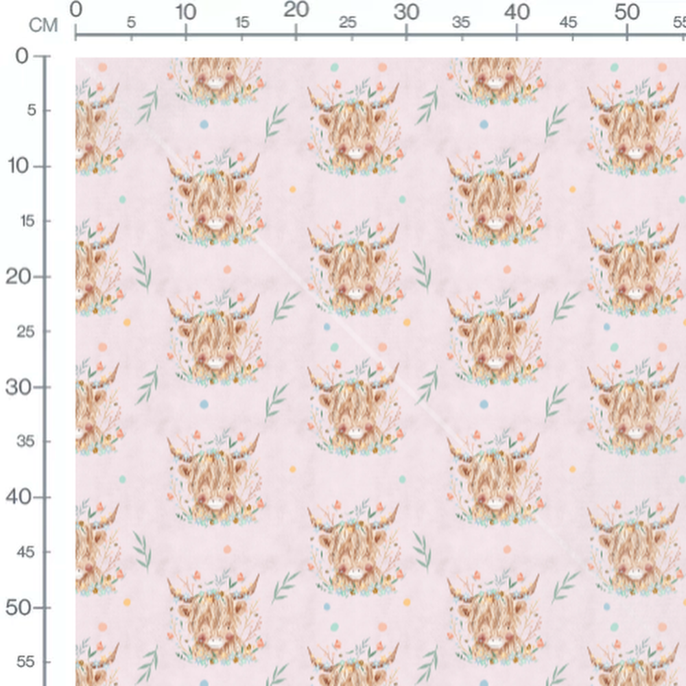 Tissu - Vaches fleuries sur fond rose
