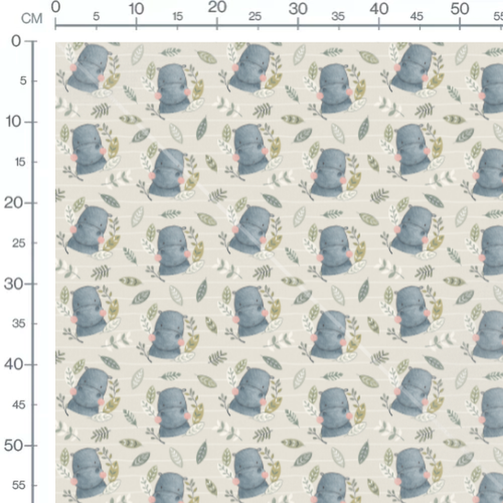 Tissu - Hippopotames et feuillages verts