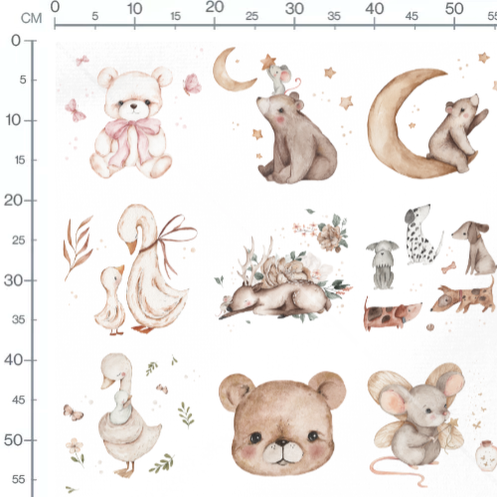 Tissu - Animaux doux et lunes dorées