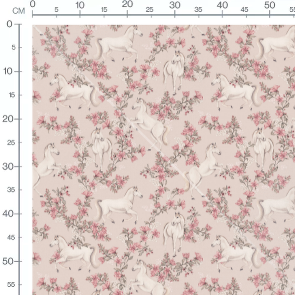 Tissu - Chevaux blancs et fleurs roses