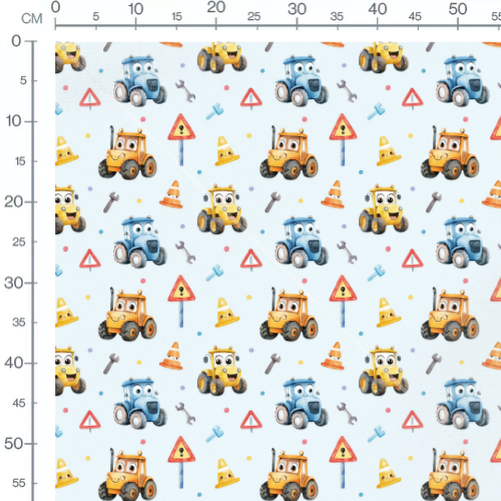 Tissu - Tracteurs joyeux sur bleu clair