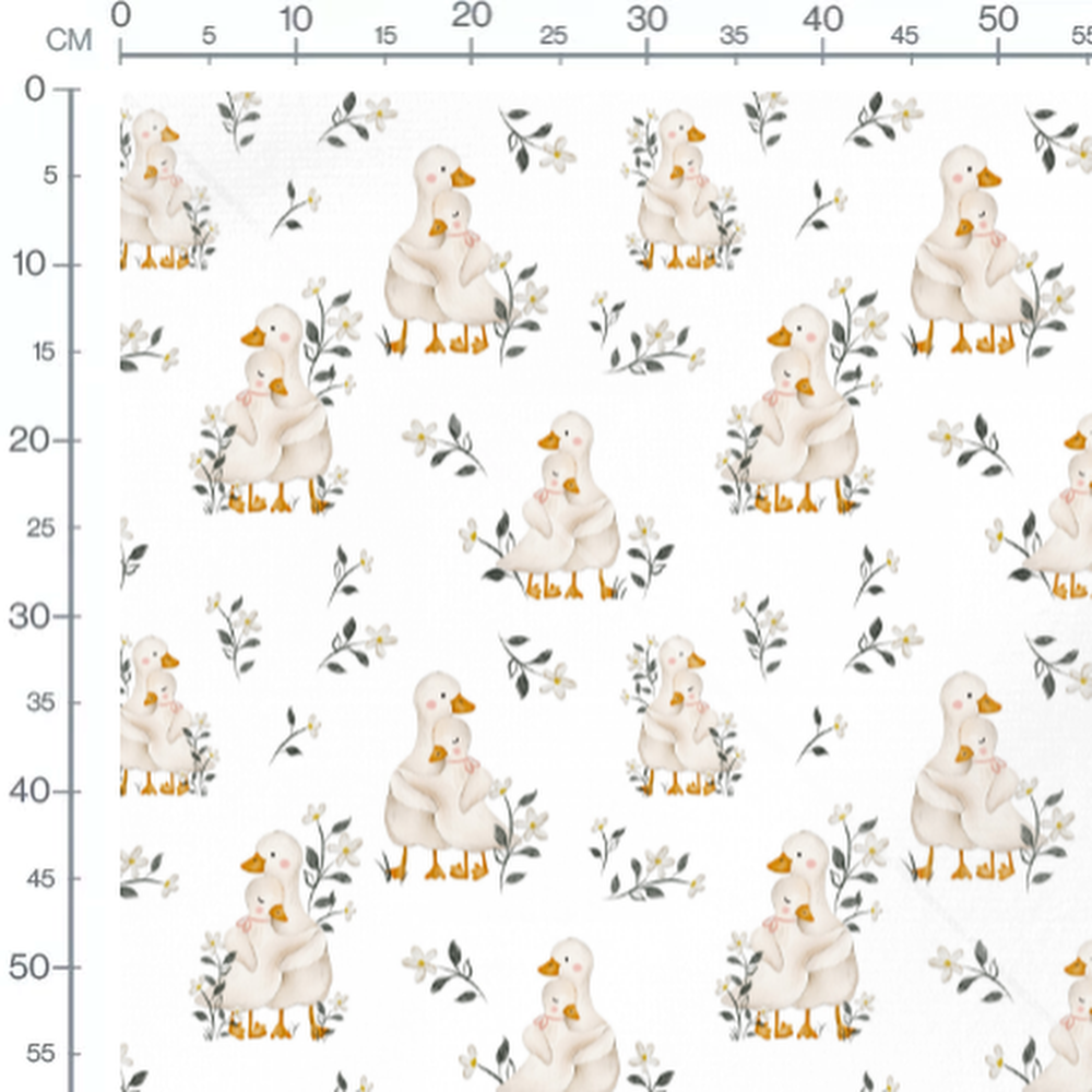 Tissu - Canards et fleurs sur blanc
