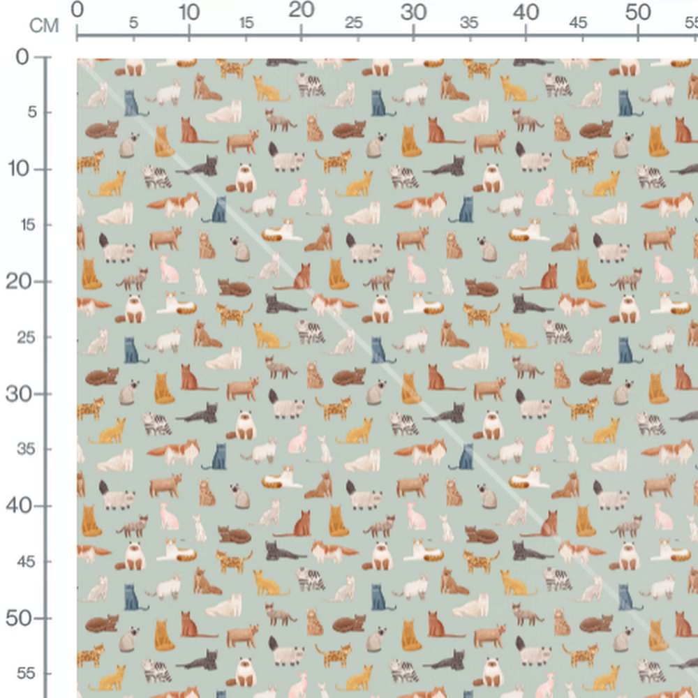 Tissu - Chats variés sur vert clair