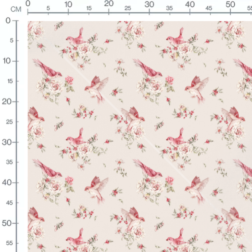 Tissu - Oiseaux roses sur fond beige 3