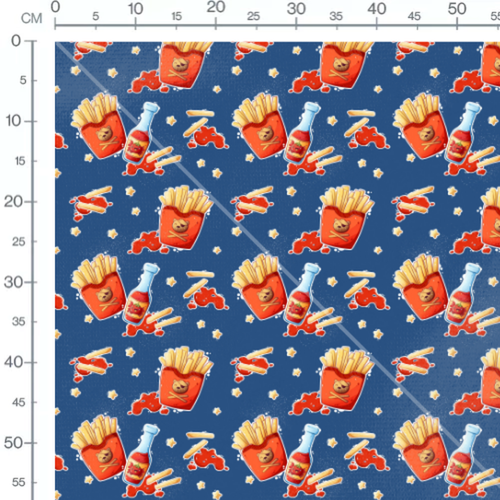 Tissu - Frites et ketchup sur bleu