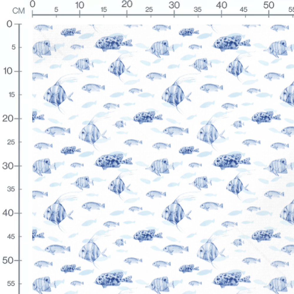 Tissu - Poissons bleus sur fond blanc