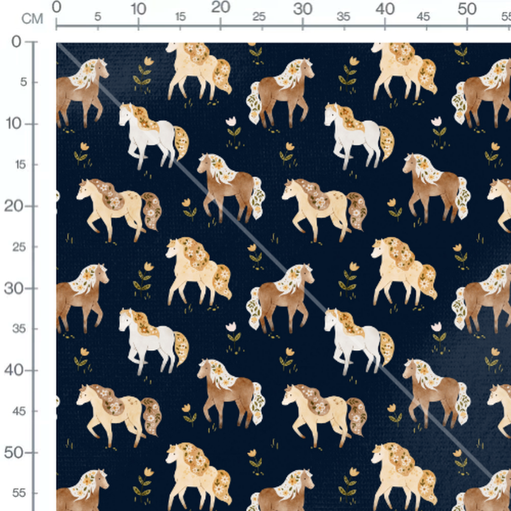 Tissu - Chevaux fleuris sur fond bleu