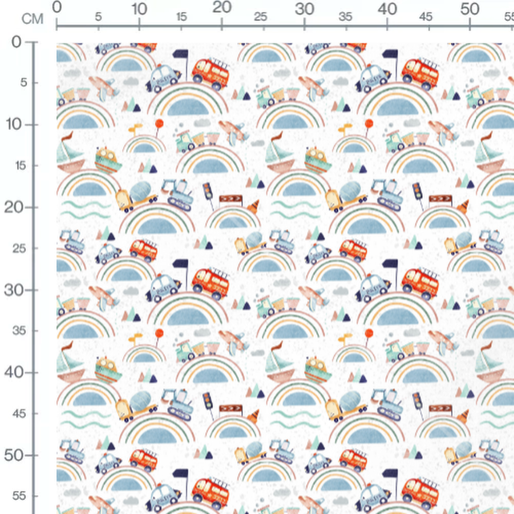 Tissu - Véhicules colorés et arcs-en-ciel