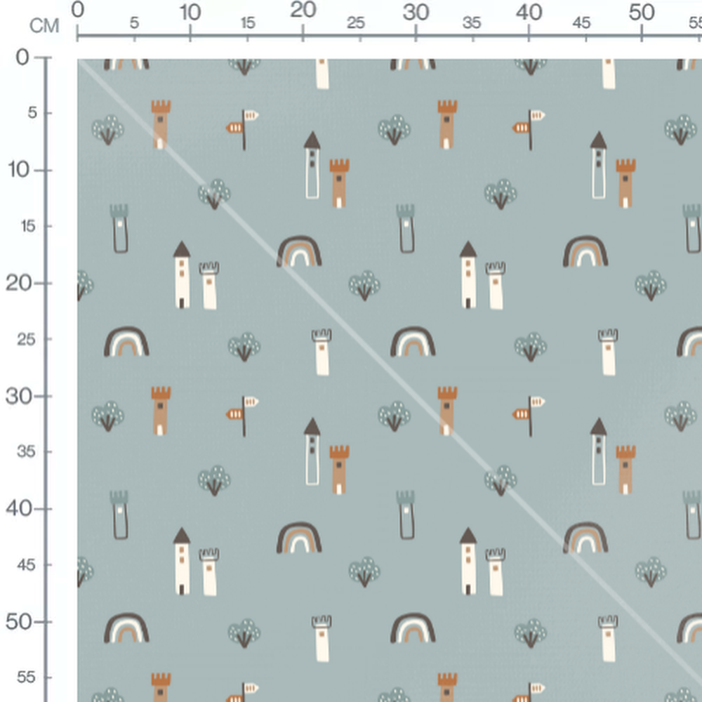 Tissu - Châteaux et arbres sur fond bleu