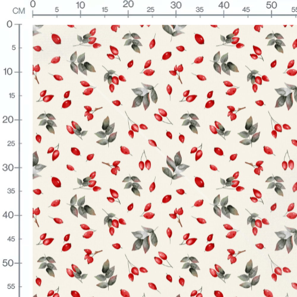 Tissu - Baies rouges et feuilles grises