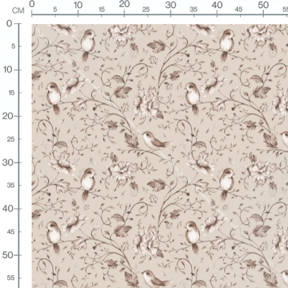 Tissu - Oiseaux bruns et feuillage beige
