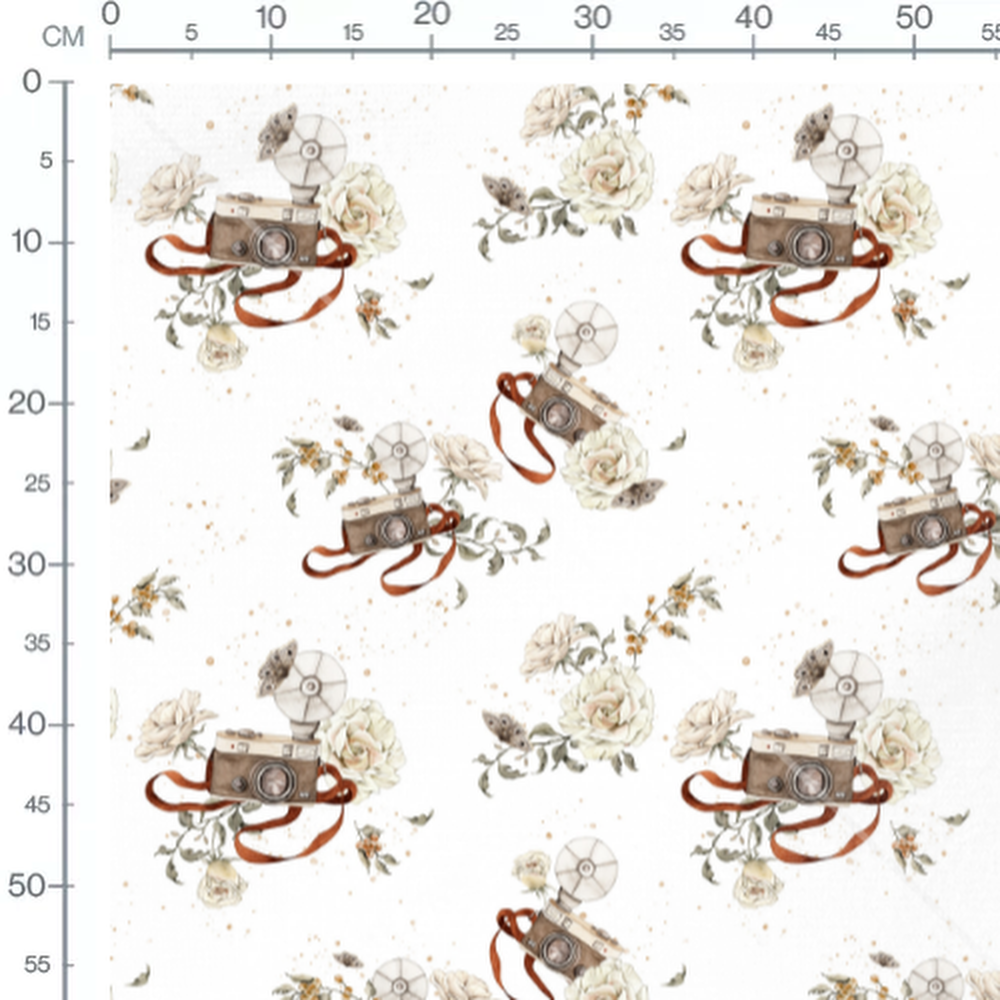 Tissu - Appareils photo et roses blanches