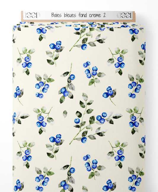 Tissu - Baies bleues sur fond crème 2
