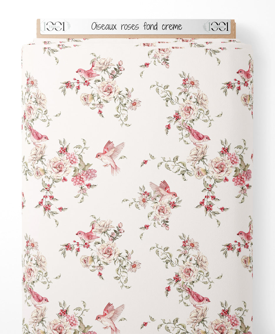 Tissu - Oiseaux roses sur fond crème